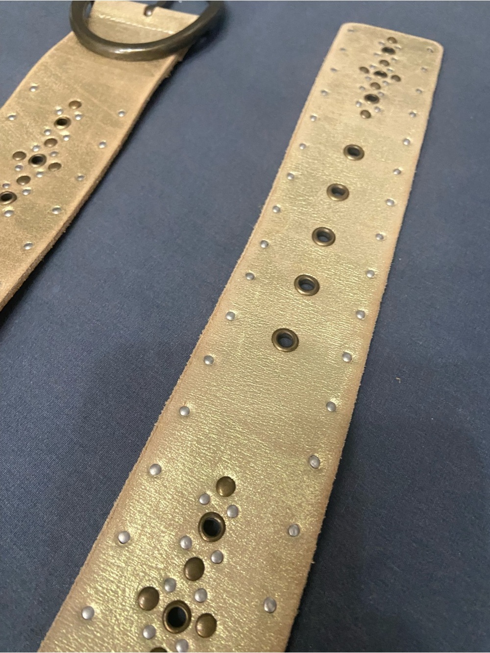 New CALVIN KLEIN Vintage Leather Studded Distressed Gold Belt Wide Boho XL Retro - Picture 8 of 13